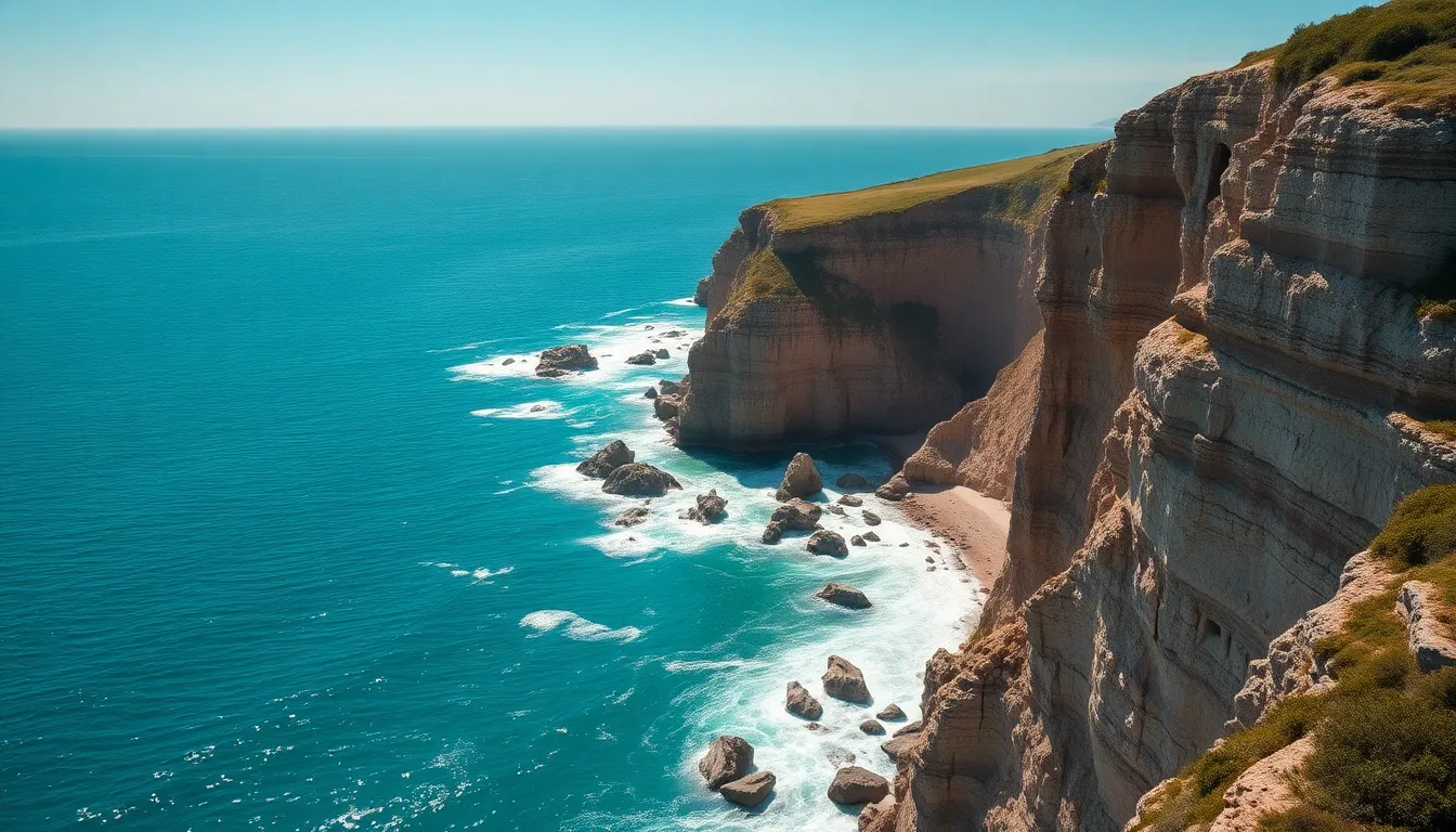 Coastal Cliffside Aerial View with Turquoise Waves