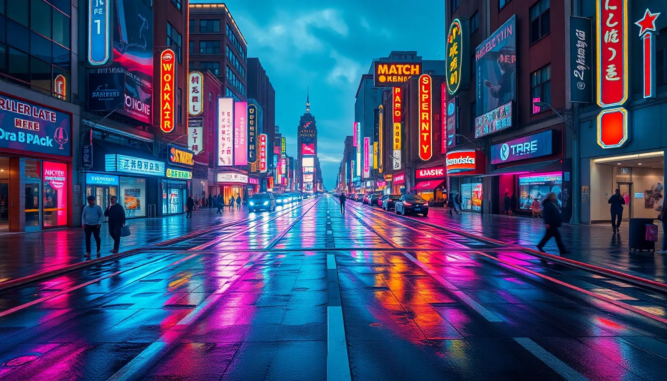 Twilight Aerial Cityscape with Neon Lights