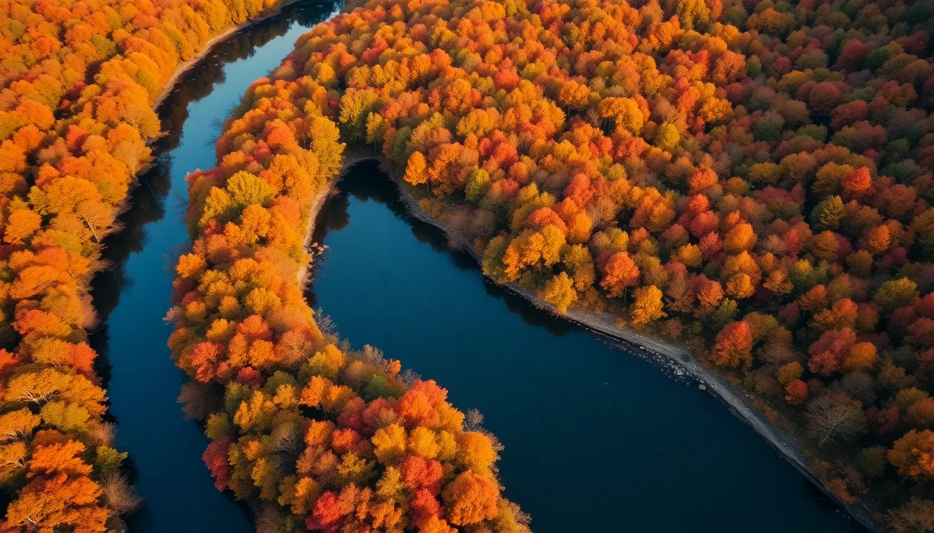 Aerial Capture of Autumn River Landscape