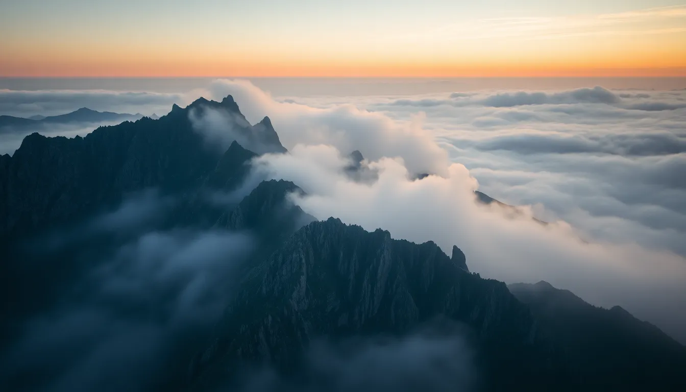 Misty Aerial View of Mountains at Dawn