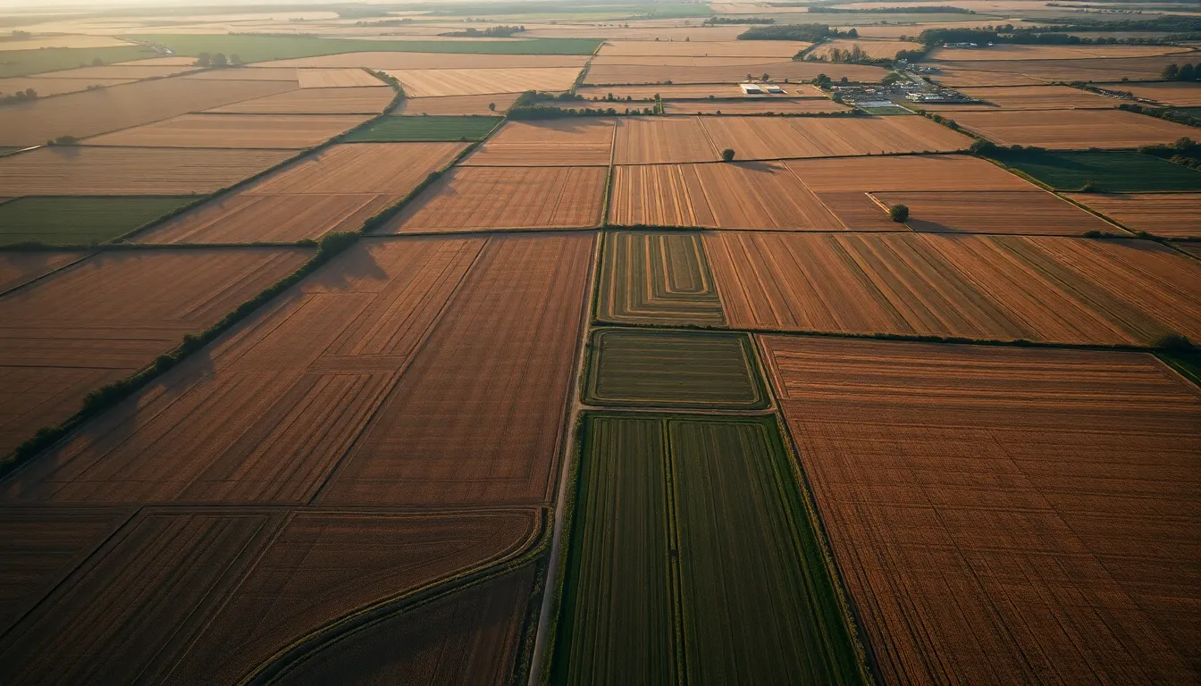 Aerial View of Agricultural Fields at Dawn