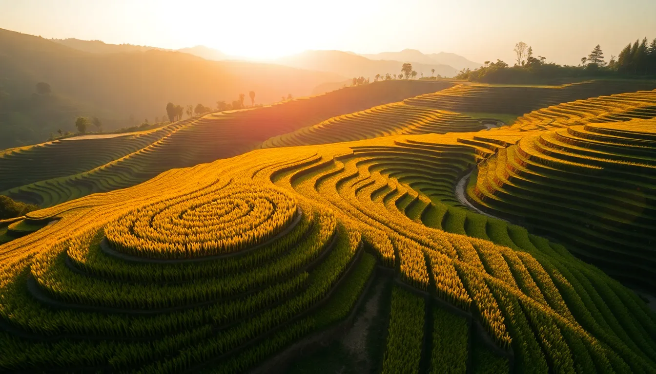 Terraced Rice Fields at Sunset Aerial
