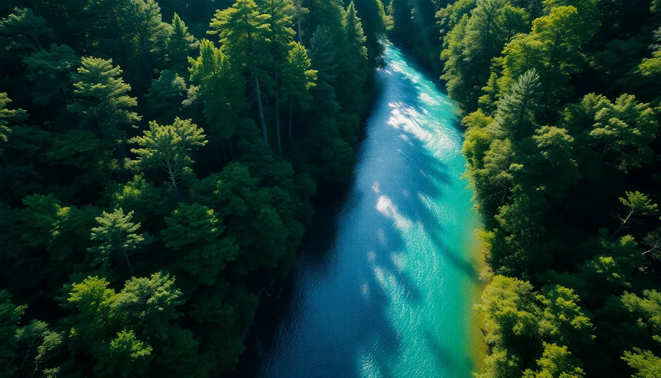 Aerial View of Winding River Through Forest
