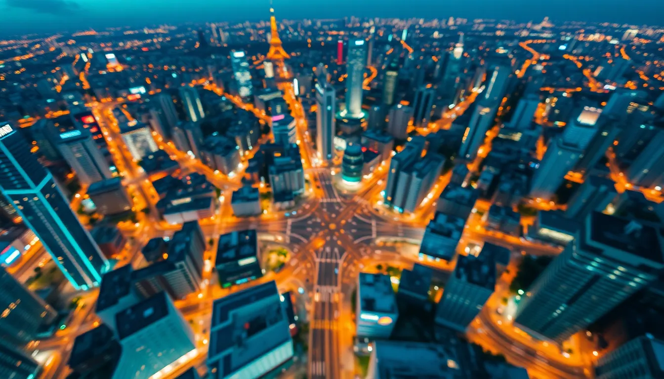 Twilight Aerial View of Urban City Lights