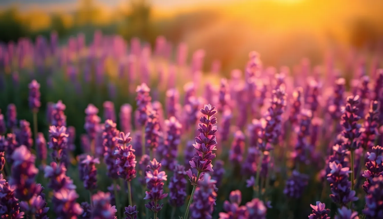 Aerial View of Blooming Lavender Field at Sunrise