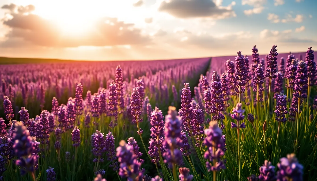 Aerial View of Blooming Lavender Fields
