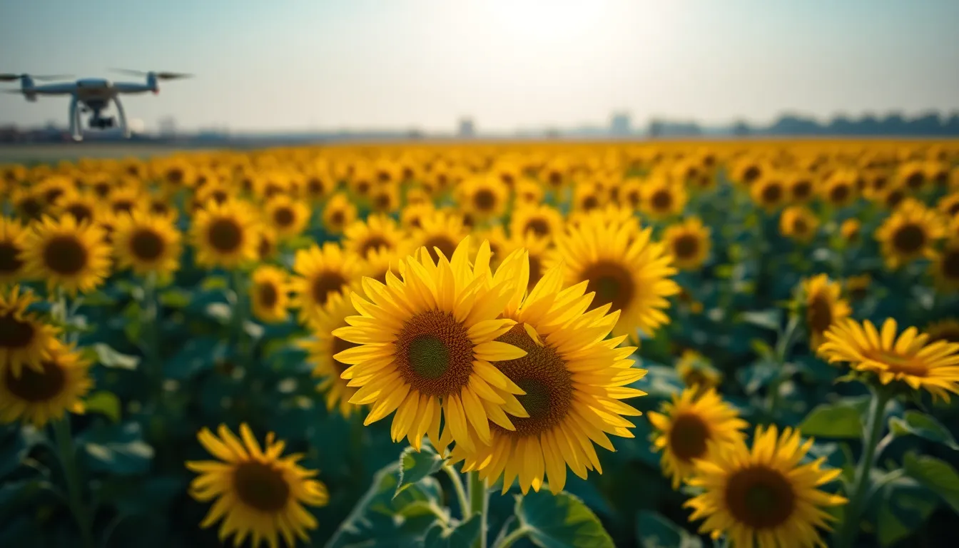 Aerial View of Blooming Sunflower Field