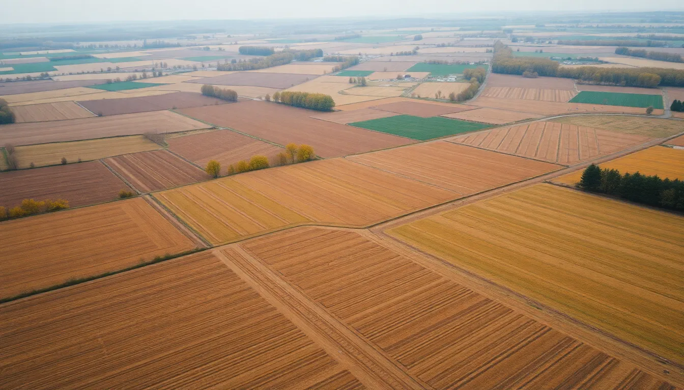 Patchwork Agricultural Fields in Autumn Aerial View