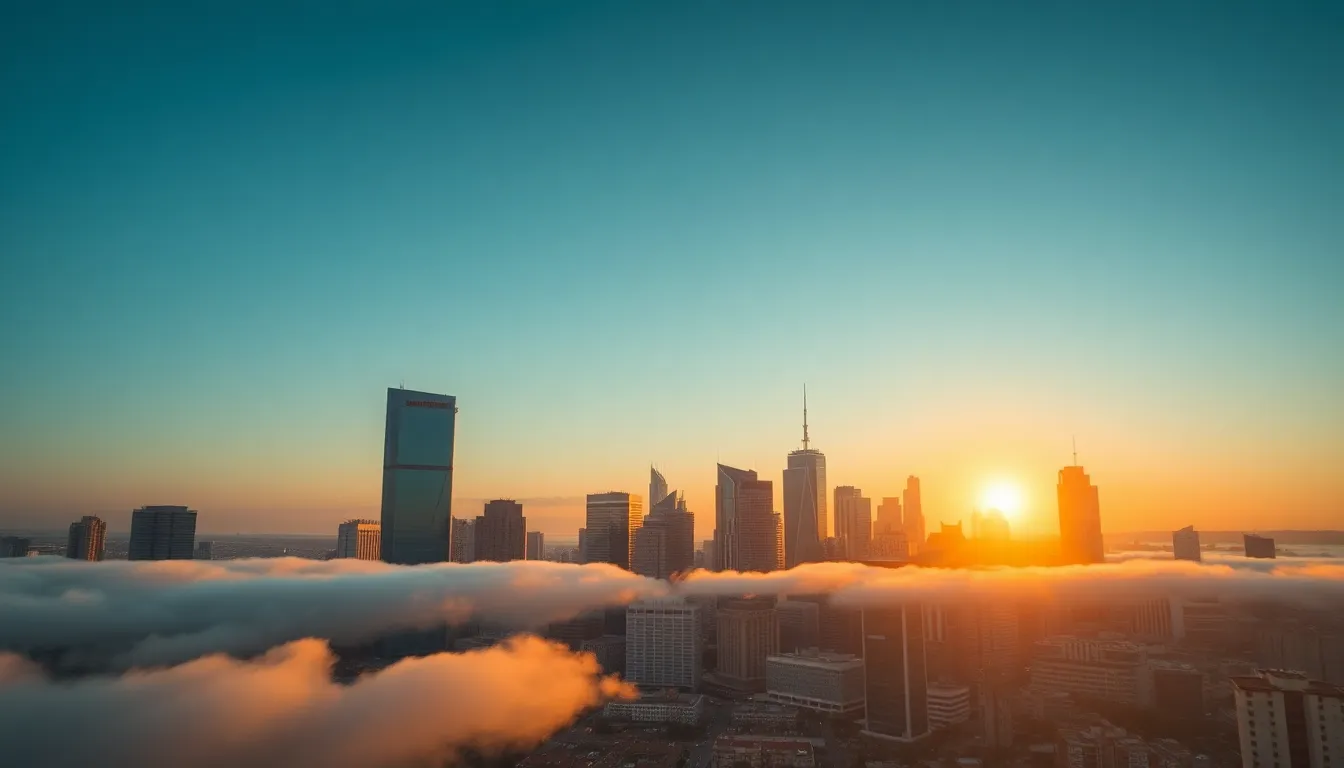 Urban Skyline at Sunset Aerial View