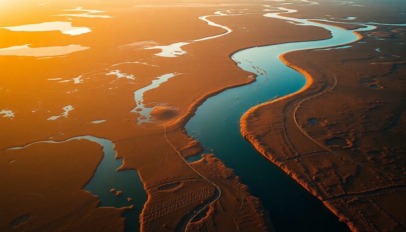 Sunset Aerial View of River Delta