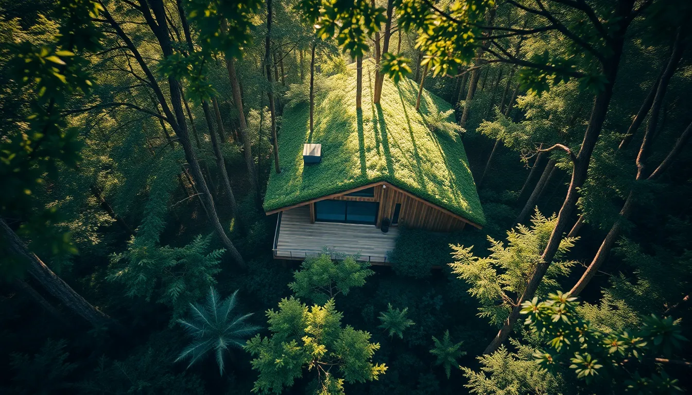 Eco-House in Forest Aerial Shot This stunning aerial photograph presents a contemporary eco-house beautifully integrated into the forest landscape. Soft morning light dapples through the trees, illuminating the green roof and wooden surfaces of the house. The hyperfocal clarity showcases every detail in both the house and surrounding nature, while a harmonious color palette evokes a sense of tranquility and eco-conscious living.