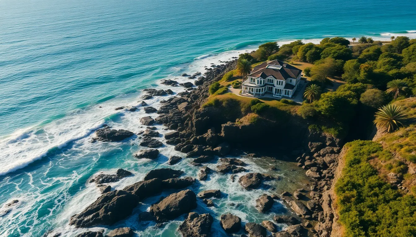 Coastal Luxury Property Aerial View This striking aerial photograph showcases a luxury property located on a rocky coastline. The vibrant turquoise ocean contrasts beautifully with the dark shores and lush gardens. A clear view allows for every detail to shine, while leading lines guide the viewer’s eye toward the stunning beachfront home. The vivid colors and sharp details evoke a feeling of coastal elegance.