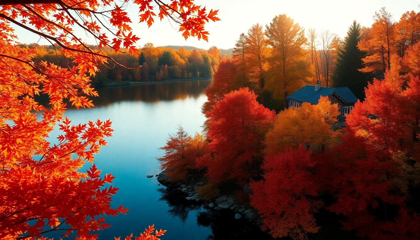 This breathtaking aerial shot showcases a picturesque lakeside property set against a backdrop of vibrant autumn foliage. The warm afternoon sun bathes the scene in a golden hue, while the reflections in the tranquil lake mirror the stunning colors of the leaves. The shallow depth of field brings attention to the intricate details of the leaves and the rustic cabin, creating a harmonious blend of nature and architecture. The symmetrical composition enhances the serenity of this idyllic setting, making it an inviting image for real estate prospects.
