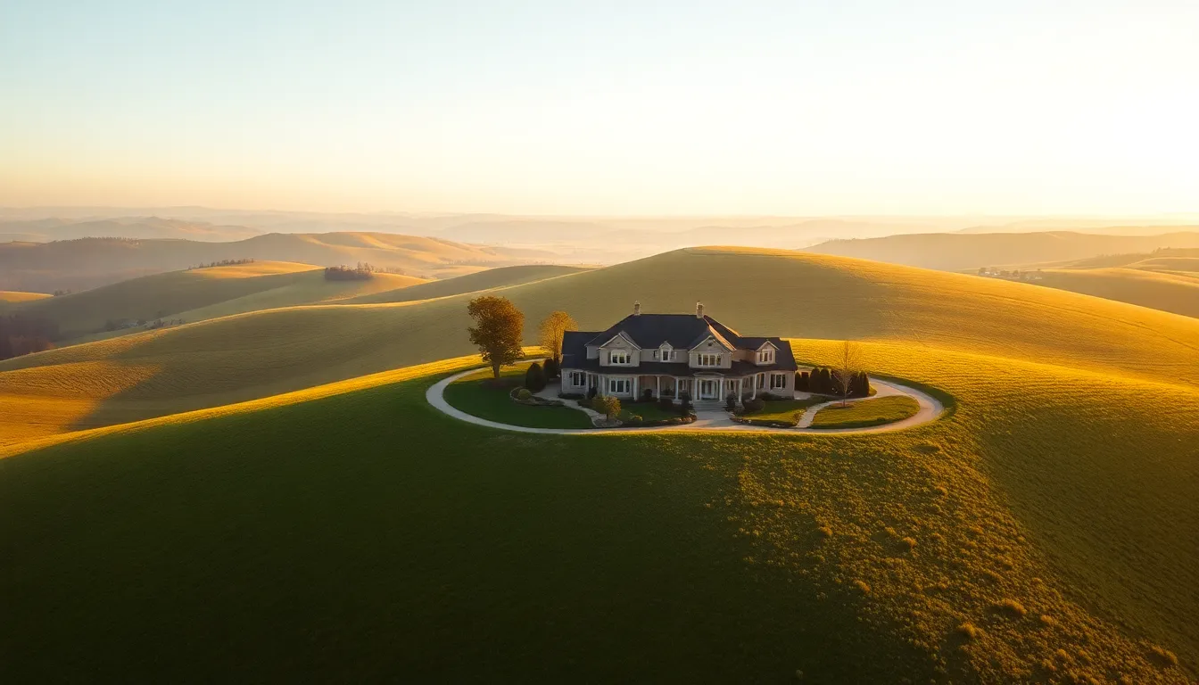 This mesmerizing aerial shot highlights a scenic rural estate surrounded by lush rolling hills during the soft morning light. The warm tones and gentle light create a tranquil atmosphere that invites the viewer in. The rich textures of the estate and landscape are beautifully rendered, showcasing the serene countryside lifestyle. Perfect for real estate marketing, this image captures the essence of luxury rural living.