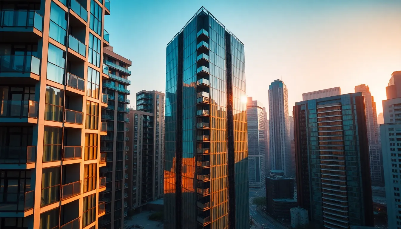 A captivating aerial view of a contemporary apartment complex set against the backdrop of a vibrant cityscape. Captured during the golden hour, the warm light enhances the building's sleek design and urban charm. This image reflects modern city living, ideal for marketing urban real estate or showcasing architectural achievements.