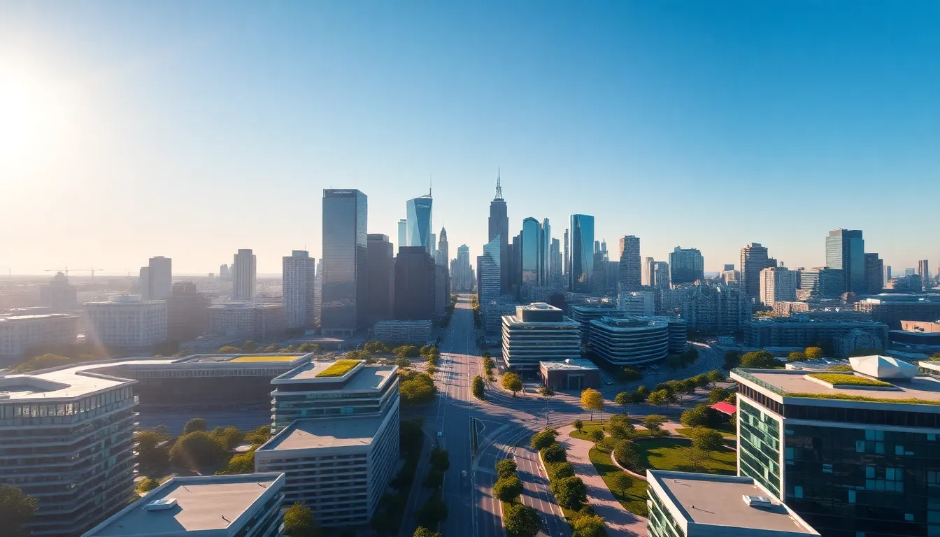 This captivating aerial view showcases a modern urban skyline, blending striking skyscrapers with lush green roofs. Captured under clear blue skies, the vibrant colors and clear details highlight the city’s architectural beauty and urban greenery. Ideal for real estate listings or cityscape features, this image embodies contemporary urban living.
