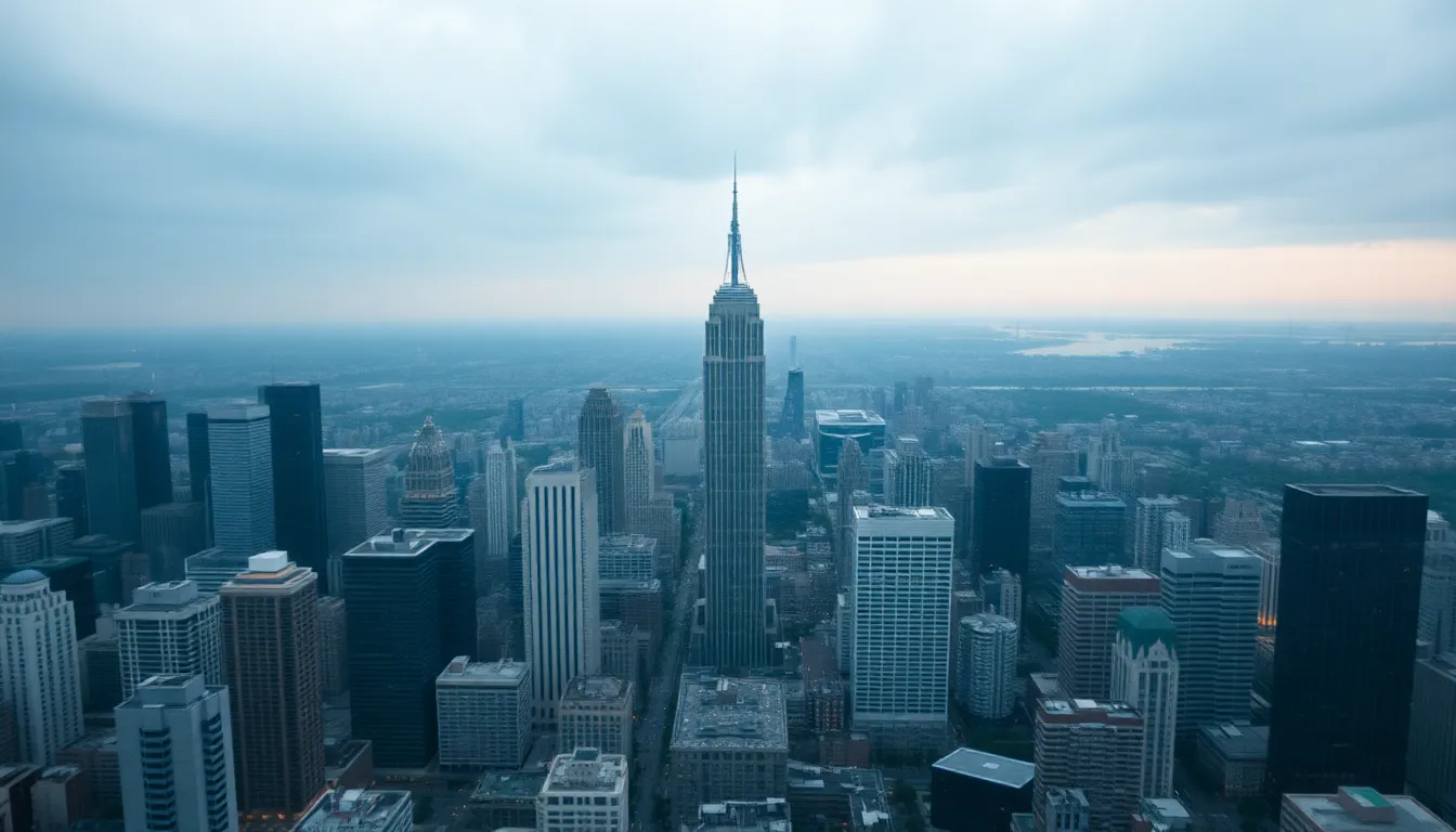 This moody aerial shot captures the intricate details of a bustling downtown cityscape during twilight. The soft, diffused light creates a serene yet dynamic feel, while the muted color palette adds a touch of sophistication. Key architectural features are highlighted against the blurred background, creating a captivating focal point. The rule of thirds composition enhances the visual impact, making it ideal for real estate representation.