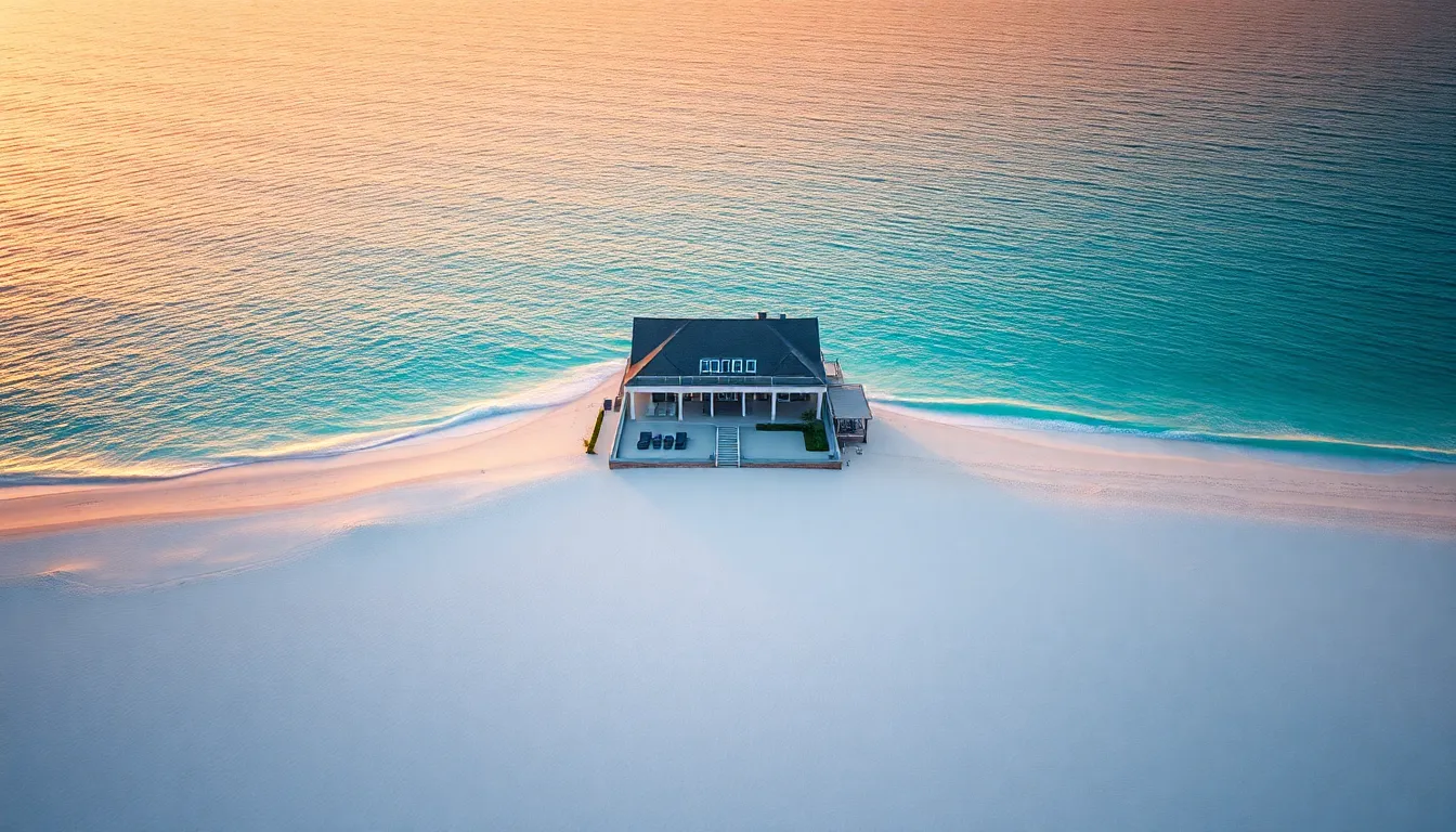 Capture the essence of luxury living with this aerial drone shot of a stunning beachfront property. Bathed in golden hour light, the scene evokes a serene yet opulent atmosphere. The rich textures of the sandy beach and the vibrant blues of the ocean complement the elegant architecture of the home. The symmetry in the composition draws the eye directly to the property, making it a perfect representation of coastal real estate.