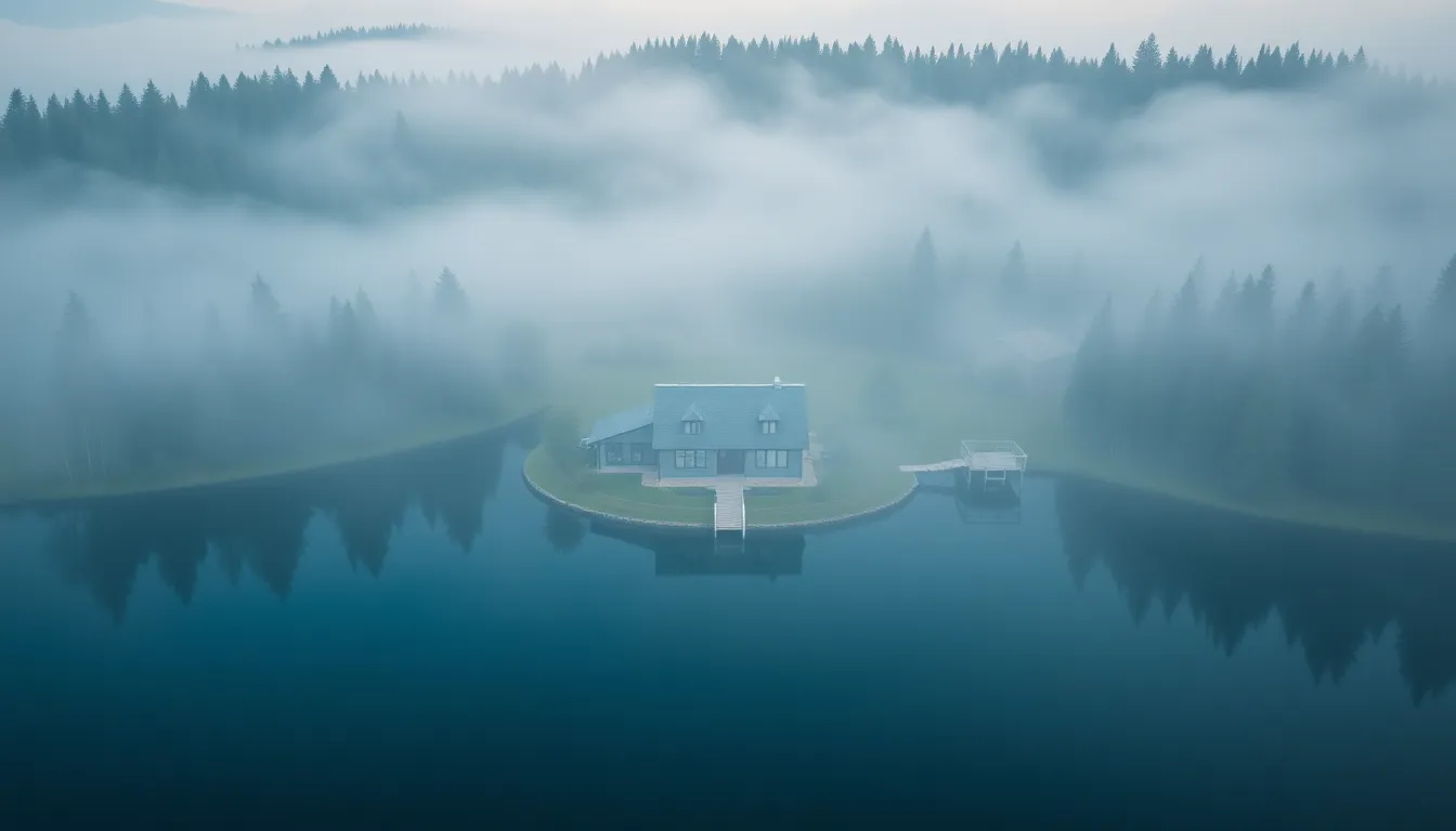 This enchanting aerial view features a peaceful lake house surrounded by misty morning light. The soft tones and tranquil atmosphere evoke a sense of calm, perfect for relaxation or escape. The focused view captures the exquisite details of the house while the surrounding natural beauty gently fades into the mist, ideal for promoting lakeside properties.