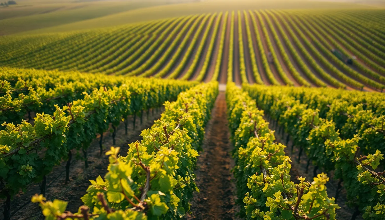 This stunning aerial image captures the beauty of a sprawling vineyard bathed in soft daylight. The different shades of green across the grapevines and warm brown earth create a harmonious landscape. The gentle curves of the vineyard rows add an artistic texture to the composition, inviting viewers to explore the fertile land. Ideal for agribusiness marketing and wine tourism promotions, this image showcases the tranquility and richness of vineyard life.
