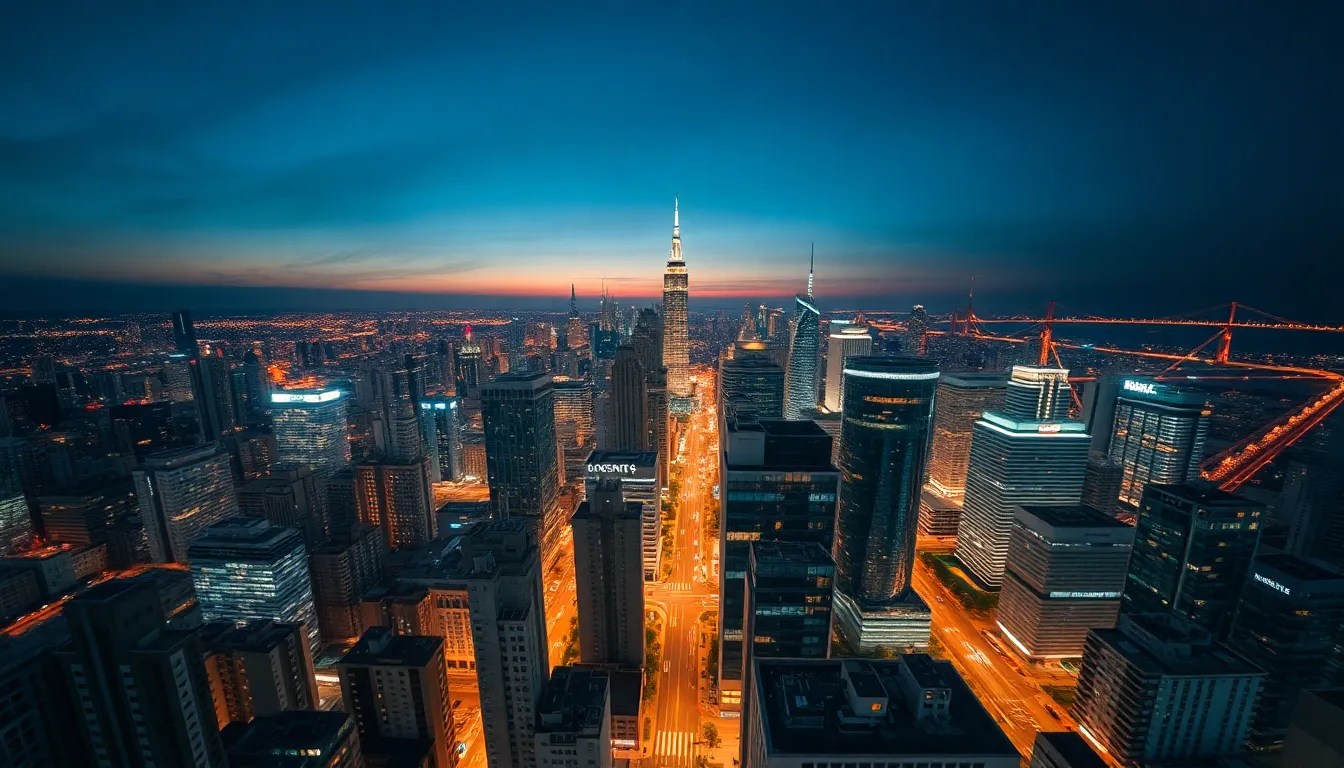 This captivating aerial view highlights a lively urban high-rise district as dusk falls over the city. Illuminated by countless lights, the scene depicts the vibrant life of the city against a backdrop of deep twilight hues. The aerial perspective offers a unique insight into the architectural density and dynamic layout of the area, making it ideal for city promotions or real estate listings.