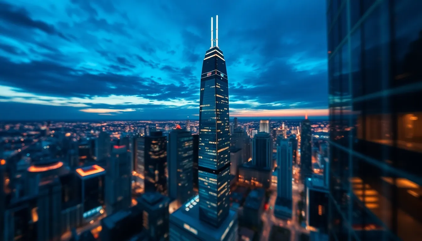 This stunning aerial photograph captures the high-rise skyline of a bustling city at dusk, where twinkling lights create a vibrant tapestry against a twilight sky. The unique tilt-shift effect brings focus to the skyscrapers, emphasizing their architectural details against the softly blurred foreground. The cinematic color grading of deep blues and warm oranges evokes a dynamic yet serene atmosphere, perfectly portraying the city’s energy. This image is ideal for urban real estate marketing and cityscape enthusiasts.