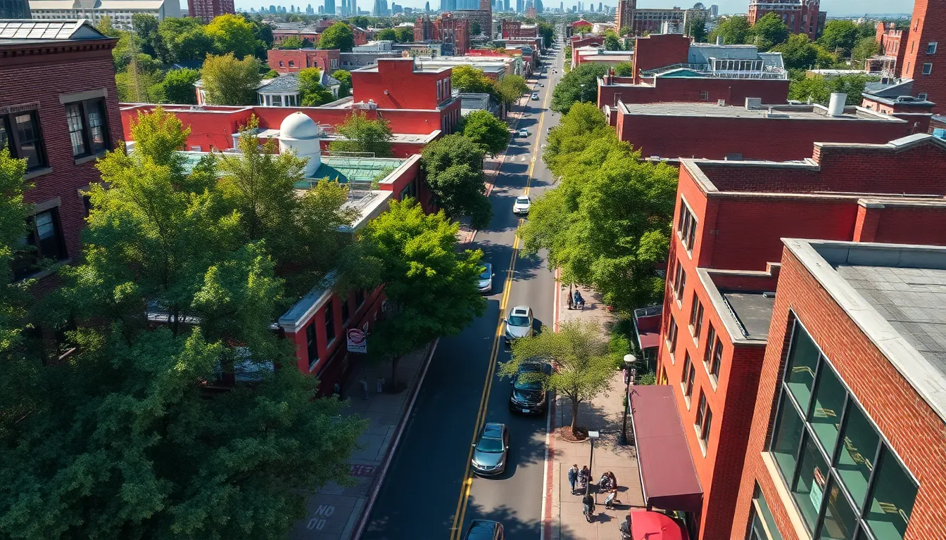 An engaging aerial view of a lively urban neighborhood, highlighting the colorful buildings and bustling streets. Bathed in clear midday light, the scene bursts with rich colors and energy, perfect for portraying vibrant city life. This image captures the essence of community and the charm of city living, making it ideal for real estate listings or urban lifestyle content.