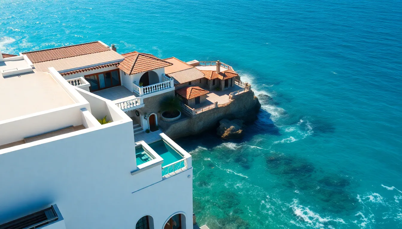 This stunning aerial image features a luxurious coastal villa nestled against a backdrop of bright turquoise waters. The villa's elegant white exterior stands out spectacularly under the midday sun, showcasing its opulent rooftop terrace. The high contrast between the vibrant ocean and sandy beach creates a tropical paradise feel. The composition effectively uses the rule of thirds, allowing the viewer to appreciate both the grandeur of the villa and the breathtaking coastal view.