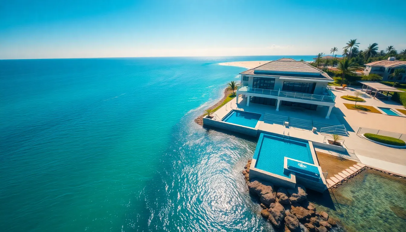 This striking aerial image showcases a luxury waterfront property perched along the coastline. Captured under clear midday skies, the bright sunlight reflects off the water's surface, enhancing the blues of the ocean and the golden sands below. The opulent home features expansive glass windows, exuding elegance and modernity. This image is ideal for high-end real estate listings and promotional materials.