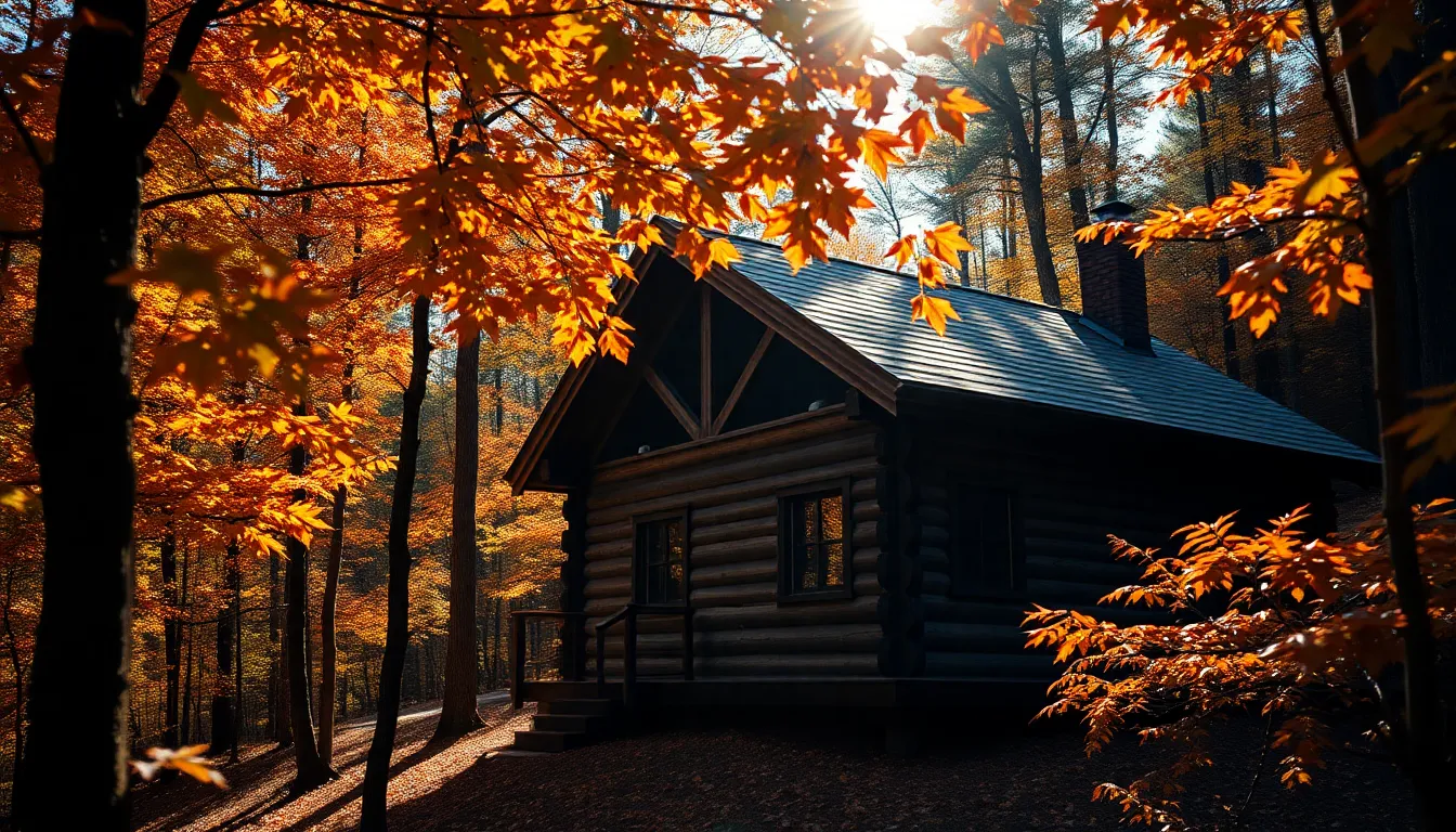 Rustic Cabin in Autumn Forest Aerial