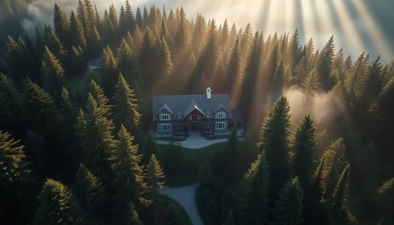 This breathtaking aerial view of a mountain lodge captures the serene beauty of nature. Bathed in morning light, the scene showcases the warm tones of the lodge against the vibrant greens of the surrounding forest. The gentle morning mist adds depth to the composition, while the soft bokeh effect draws the viewer's attention to the cozy refuge. This enchanting scene is perfect for real estate marketing in nature-rich locales.
