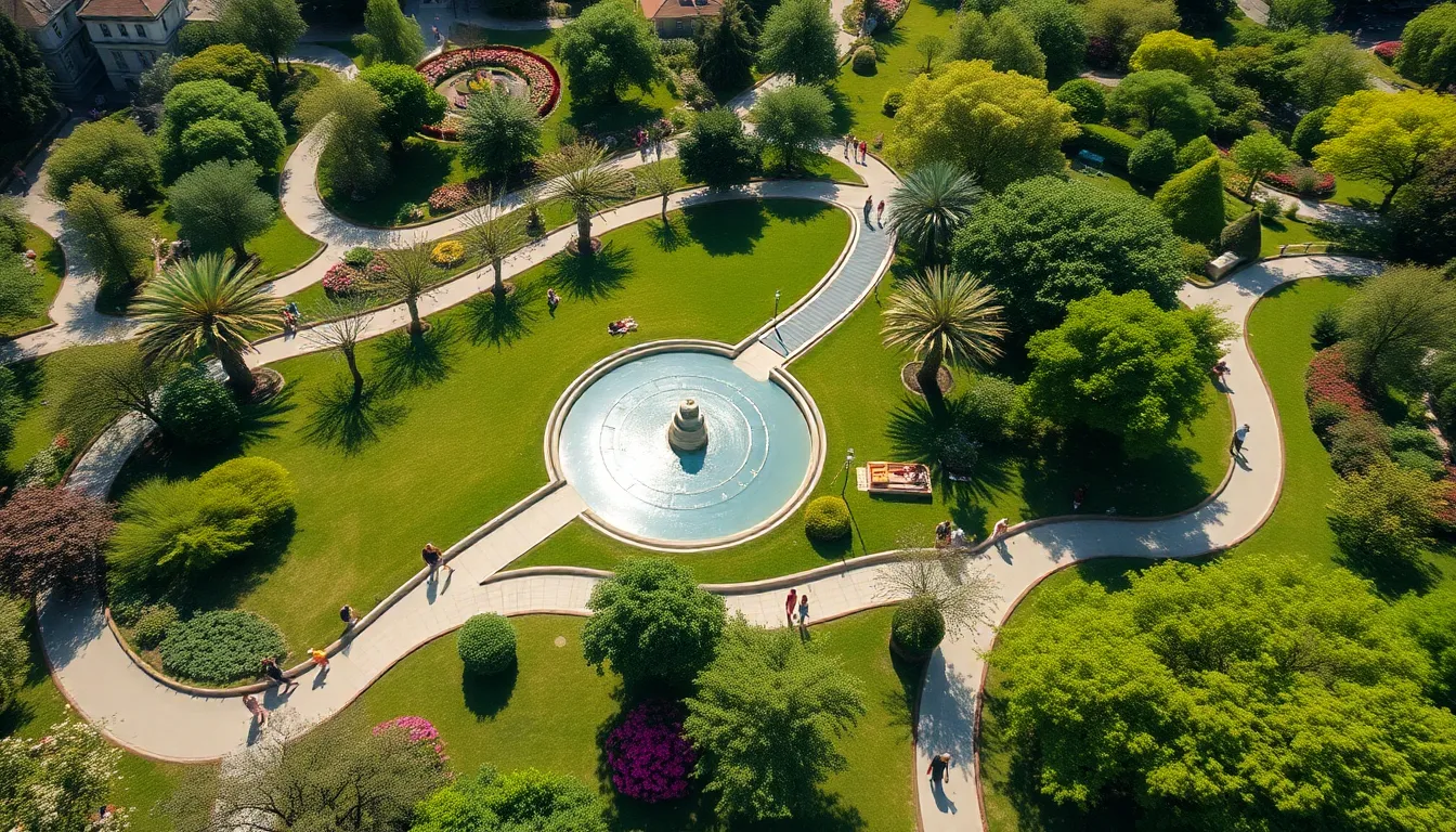 This vibrant aerial shot captures the lively atmosphere of a bustling city park on a sunny day. The lush greens of the grass and the colorful flowers create a vibrant backdrop. Shadows play across the landscape, adding depth and interest. This image beautifully illustrates the joy of outdoor leisure, showcasing people of all ages enjoying various activities. Ideal for promoting city parks and urban recreational spaces.