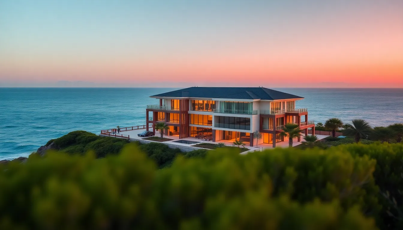 An exquisite aerial view of a luxurious coastal mansion perched on a cliff, with breathtaking ocean views. The soft twilight light casts a warm glow over the elegant glass structure, while the lush greenery complements the scene. This image captures the serene lifestyle associated with luxury real estate, emphasizing both architectural beauty and natural surroundings. Perfect for showcasing high-end properties or coastal living.
