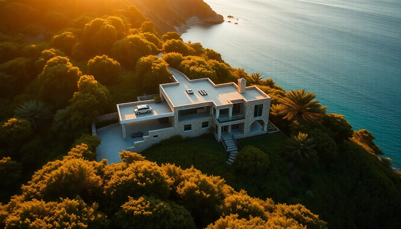 This breathtaking aerial photograph captures a modern coastal villa surrounded by lush tropical greenery. The golden hour sunlight accentuates the villa's architectural features against the turquoise ocean in the background. Leading lines from the driveway guide the viewer's eye towards the elegant house, while vibrant colors create a serene and inviting atmosphere. The image showcases the harmonious blend of nature and luxury living, making it perfect for real estate marketing and architectural showcases.