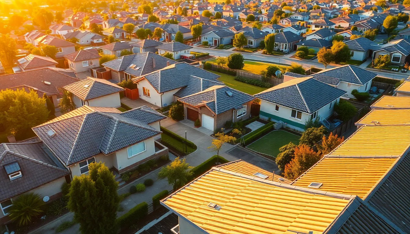 This stunning aerial shot captures a vibrant suburban neighborhood during golden hour. The warm sunlight highlights the colorful rooftops and lush gardens, creating a serene and inviting atmosphere. The neat arrangement of homes and pathways showcases modern urban planning, while the gentle shadows add a touch of depth. This image is perfect for real estate marketing and urban development presentations.