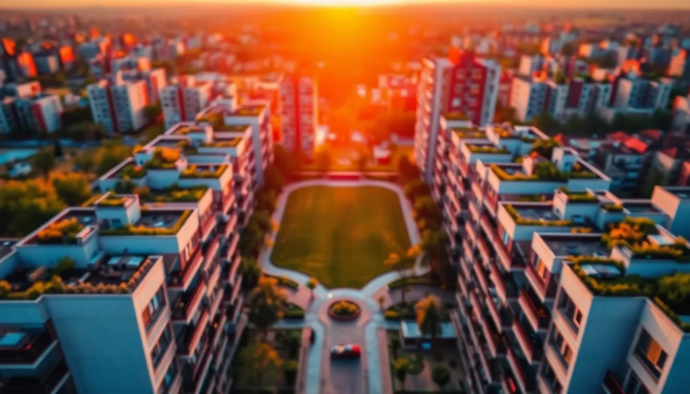 Stunning Aerial Neighborhood at Sunset This aerial image captures a modern urban neighborhood bathed in warm sunset light. The vibrant greens of rooftop gardens contrast with the golden hues of the setting sun. The composition draws the eye to the central park area, ensuring an engaging visual experience. Soft bokeh in the background enhances the overall tranquility of the scene.