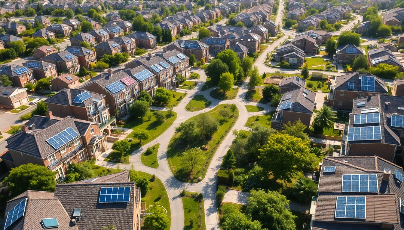 This informative aerial image highlights a modern eco-friendly neighborhood featuring solar panels, lush green parks, and well-planned pathways. Captured in bright daylight, the scene emphasizes sustainability and community living. With sharp details throughout, this image is ideal for real estate marketing or environmental awareness campaigns.