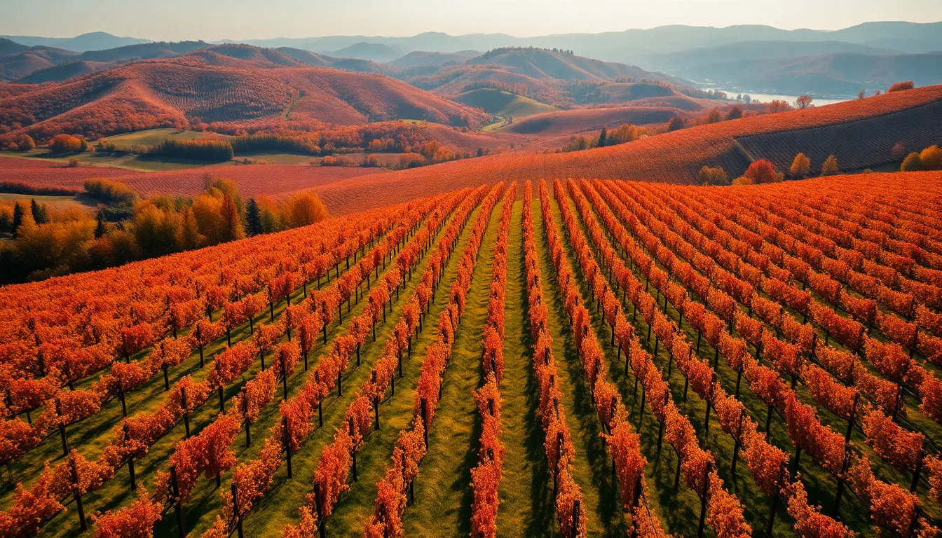 This striking aerial photograph captures a vibrant vineyard during peak autumn colors. The rich hues of red, orange, and yellow create a stunning tapestry that speaks to the season's beauty. Soft daylight illuminates the scene, enhancing the sharp details of the vineyard rows that lead the viewer’s eye through the composition. This image would be ideal for agricultural marketing or wine tourism promotion.
