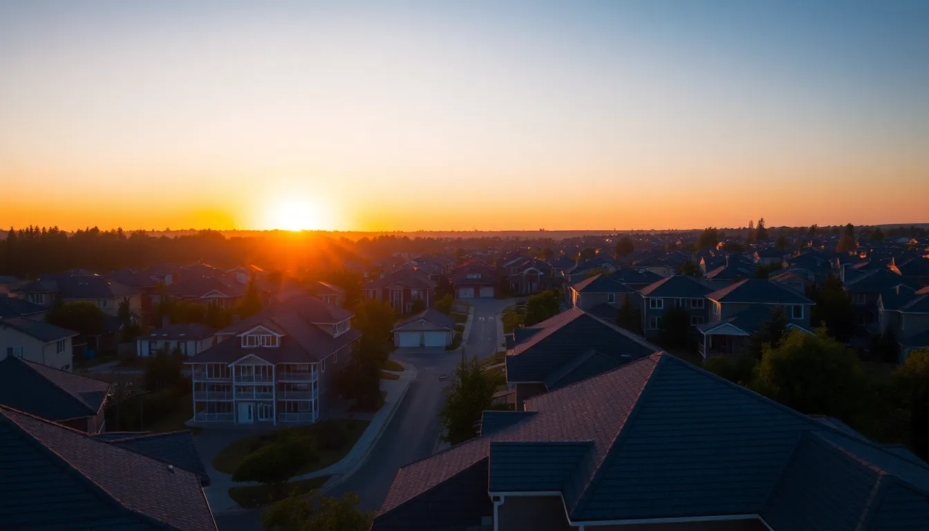 This aerial shot captures a breathtaking sunset over a modern suburban neighborhood. The vibrant colors of the sunset blend beautifully with the sleek rooftops, creating a warm and inviting atmosphere. The composition's leading lines guide the viewer's eye into the distance, emphasizing the sprawling layout of the community. The details in the rooftops and streets create a rich visual texture that enhances the overall appeal.