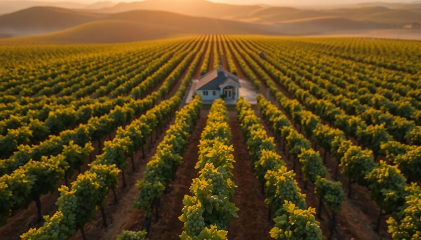 Golden Hour Vineyard Aerial Delight This captivating aerial photograph features a sprawling vineyard during golden hour, where the sunlight bathes the landscape in warm hues. The close focus on luscious grape clusters creates a rich texture against the soft, blurred backdrop of vine rows and hills. The winery’s elegant structure adds charm, making the scene both idyllic and picturesque.