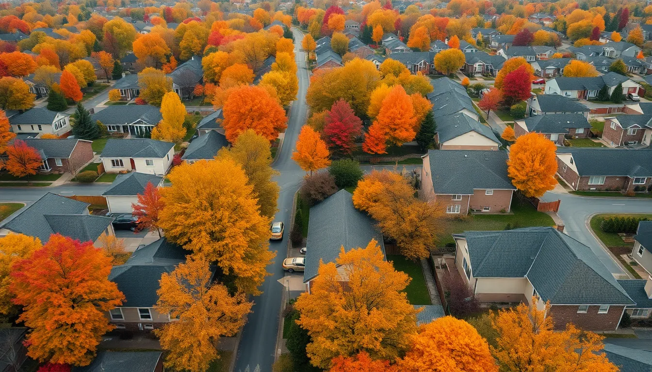 This aerial shot reveals a picturesque suburban neighborhood enveloped in autumn colors. The overcast daylight enhances the rich hues of the foliage, creating a warm and inviting scene. The symmetrical layout of streets and homes emphasizes the community's structured beauty, while the hyperfocal focus ensures clarity throughout the image. This rich tapestry of colors and textures captures the essence of the season, making it ideal for real estate listings and neighborhood showcases.
