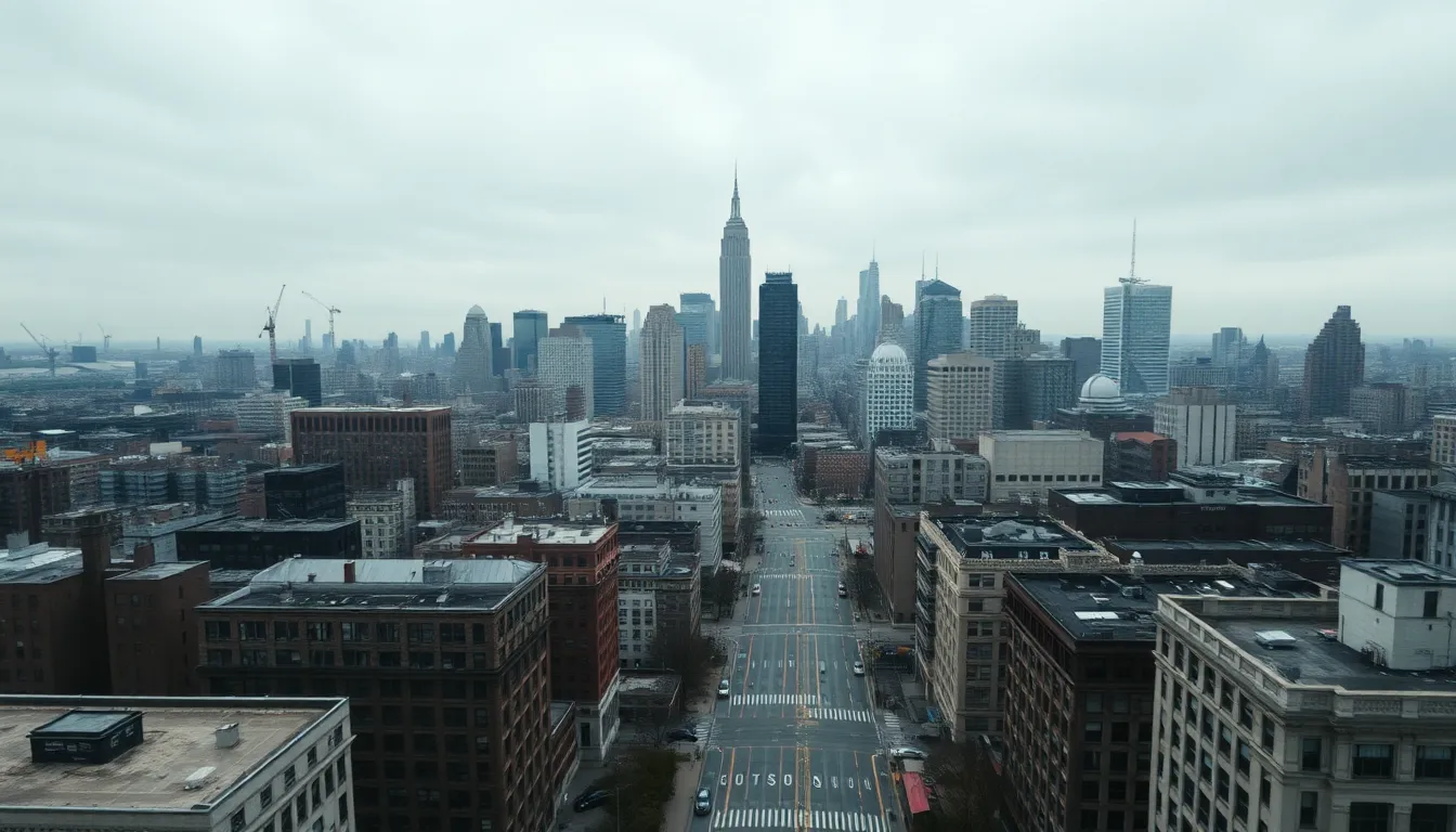 This captivating bird's-eye view captures an urban downtown area, showcasing the diverse architectural styles that define the city skyline. The soft, diffused daylight under overcast conditions creates an even exposure, enhancing the muted colors of the buildings and streets. Leading lines formed by the streets seamlessly guide the viewer's focus through the cityscape. This image offers a unique perspective on urban real estate, highlighting both the structure and the layout of the downtown area.