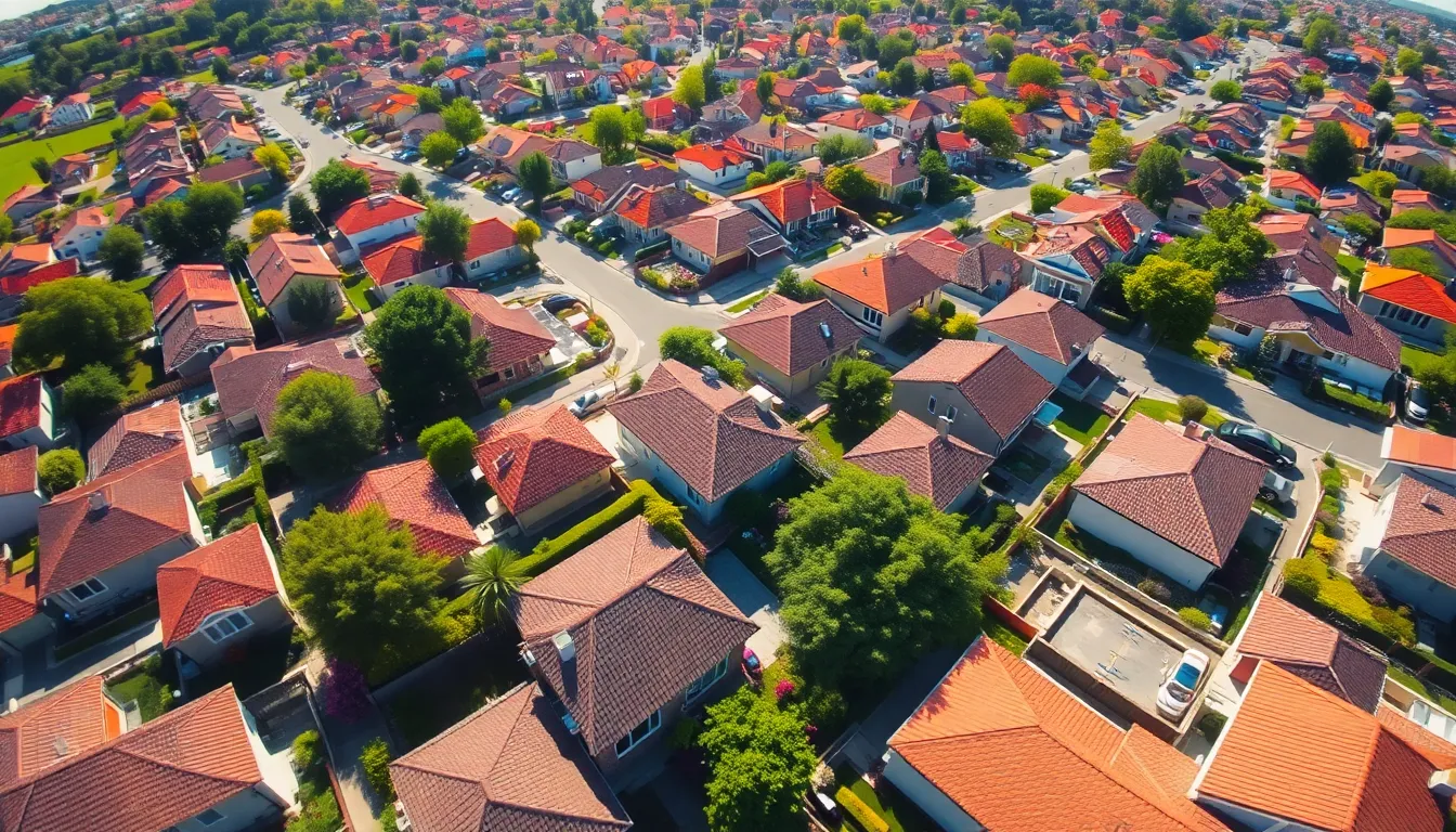 This lively aerial photograph captures a sprawling suburban neighborhood basking in the sunlight of a clear afternoon. The diverse rooftops and vibrant gardens create a mosaic of colors, from lush greens to bright floral accents. The sharp contrasts brought by the sunlight enhance the textures of the homes while the selective focus invites the viewer's eye to key features. The dynamic tilt in composition gives a sense of movement, making it an engaging representation of family living in suburbia.
