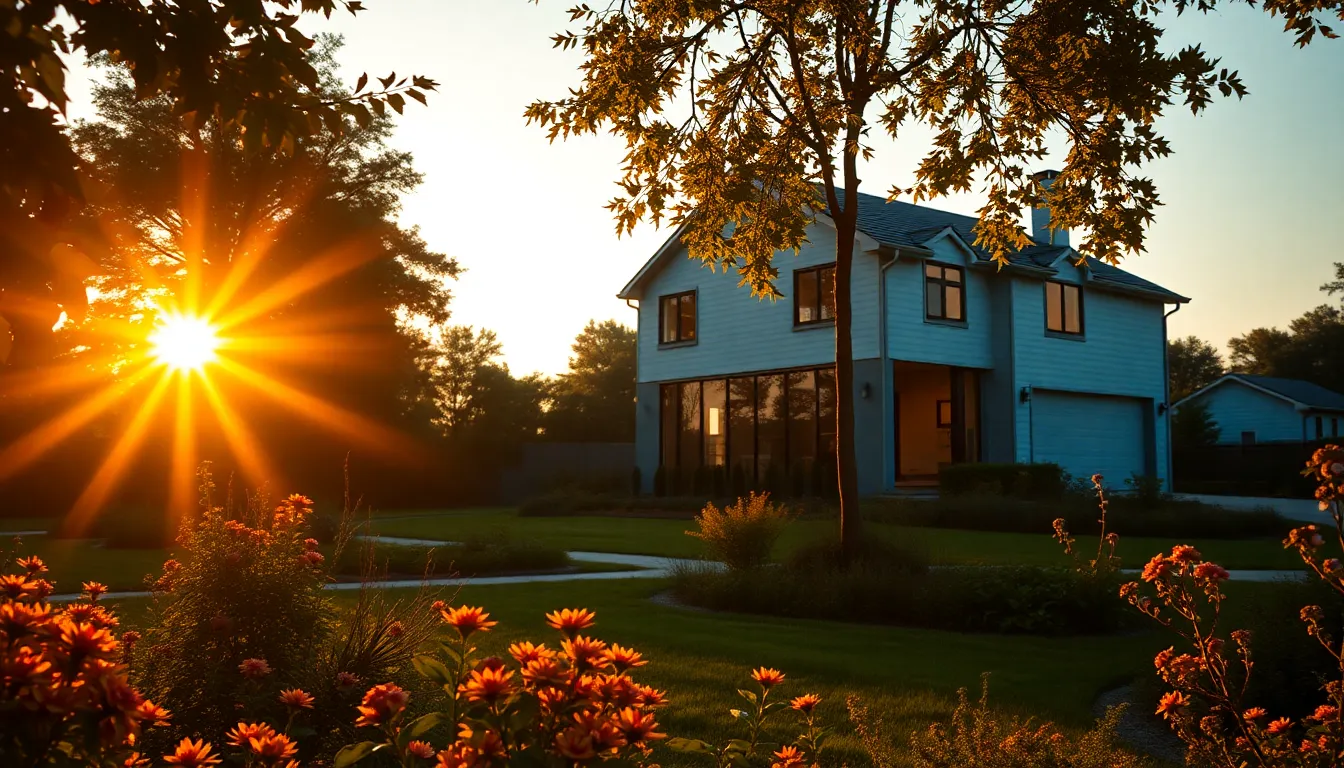 This image showcases a stunning modern house nestled in a vibrant green landscape during the golden hour. Warm sunlight bathes the structure, highlighting its sleek lines and glass façade. The lush gardens are filled with blooming flowers, creating a picturesque scene full of color and life. The composition emphasizes the beauty of both the architecture and its natural surroundings.