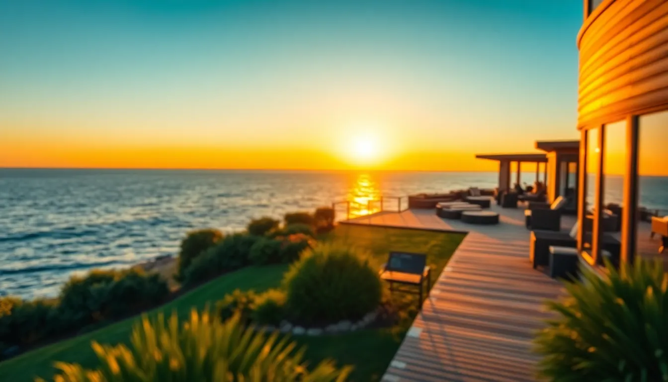 Stunning Coastal Property at Golden Hour This aerial view captures a luxurious coastal property bathed in golden hour light, highlighting its modern architecture and beautifully landscaped garden. The soft glow from the setting sun reflects off the glass, while the ocean waves offer a breathtaking backdrop. Rich warm tones intermingle with deep blues, immersing the viewer in a tranquil coastal scene. Leading lines from the garden paths draw the eye toward the home, showcasing its elegant design and inviting atmosphere.