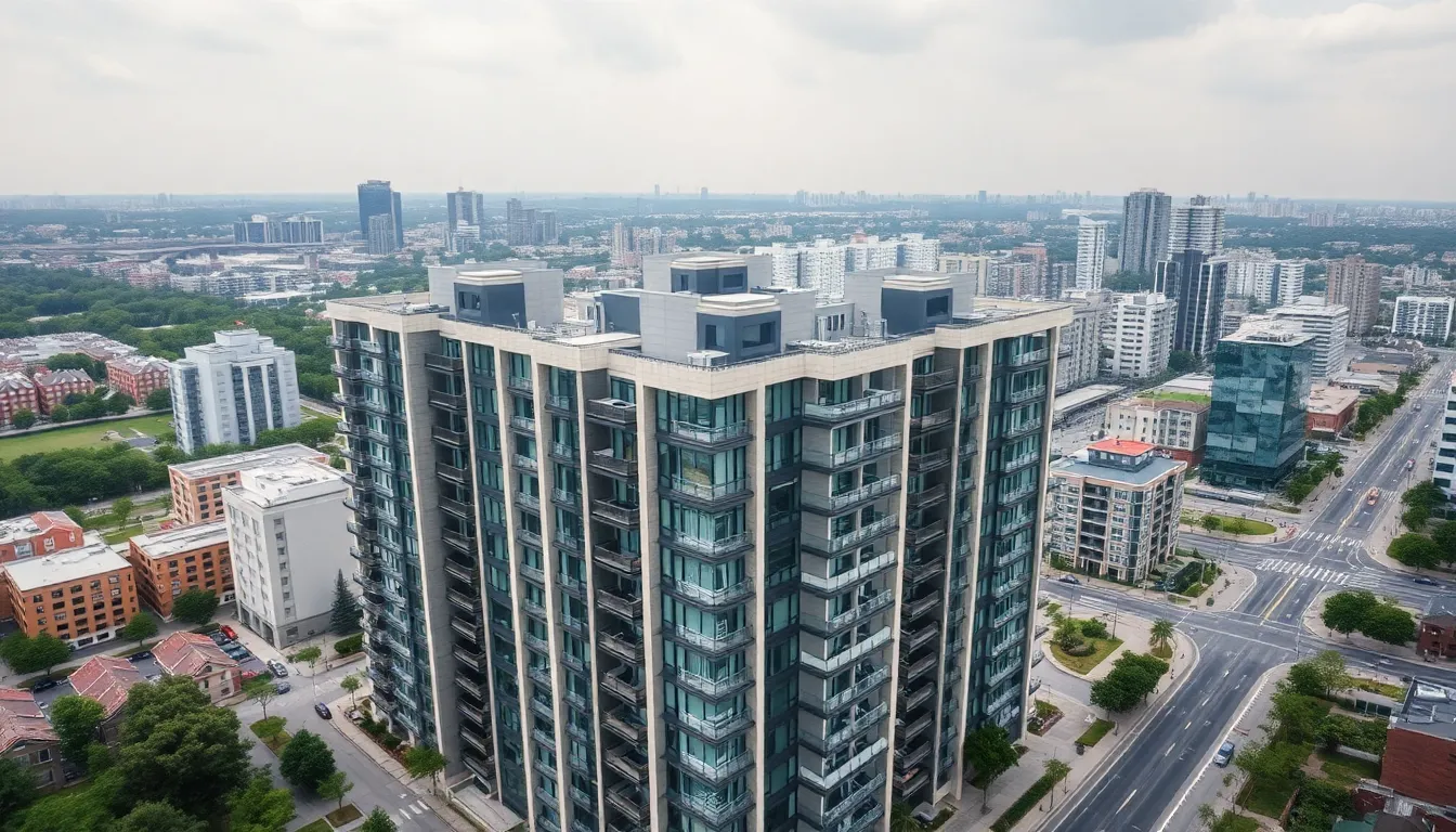 An aerial view of a sleek urban apartment complex reveals its stunning modern architecture set against a backdrop of city life. Captured on a cloudy day, the even, diffused daylight perfectly highlights the building's glass and concrete façade, emphasizing its contemporary design. The muted color palette of grays and greens provides a sophisticated atmosphere, while sharp details of the bustling streets below add vibrancy. This image encapsulates urban living at its finest, making it ideal for real estate marketing.
