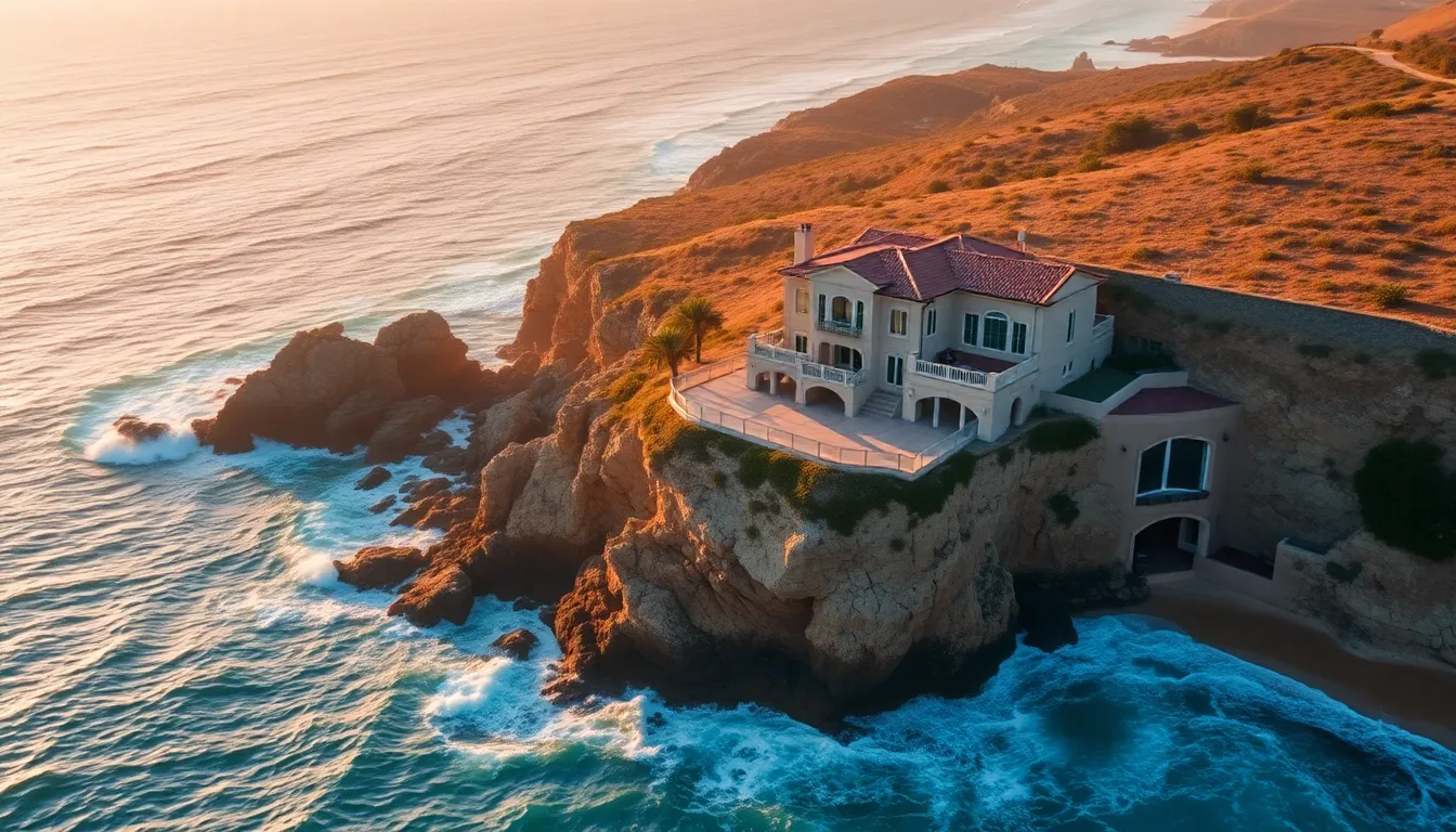 Aerial View of Coastal Villa at Sunset