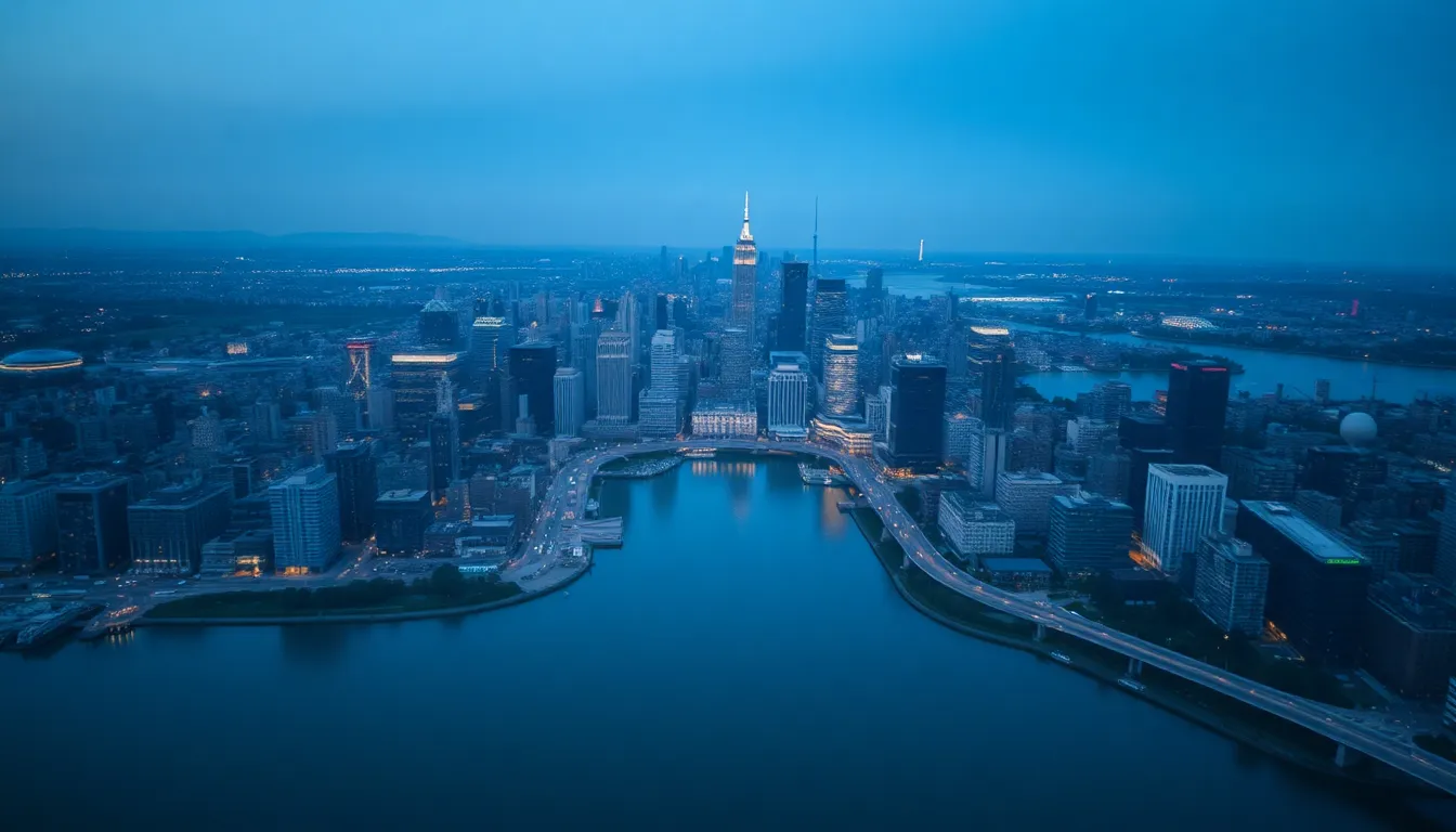 Twilight Aerial View of City Skyline This stunning aerial photograph captures a sprawling city skyline during the magical twilight hour, with soft blue and purple hues creating a dramatic atmosphere. The shimmering reflections in the water below enhance the beauty of the scene, while the sharp focus on the skyline emphasizes the architectural details. With leading lines from the river directing the viewer's eye, this image is perfect for showcasing urban real estate or city living.