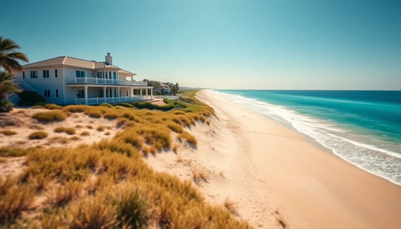 Coastal Property Overlooking Vibrant Beach This breathtaking aerial image showcases a vibrant coastal property with stunning views of the beach, perfectly captured under the bright midday sun. The sharp contrasts and rich colors highlight the beauty of the azure waters and sandy shores. The hyperfocal depth of field ensures every detail is sharp, drawing attention to both the property and its picturesque surroundings. This image is ideal for promoting coastal real estate, evoking dreams of beachside living.