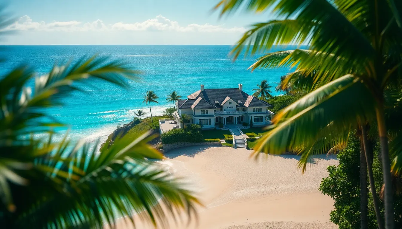 This aerial view showcases a stunning beachside villa enveloped by lush tropical gardens. Captured in bright midday light, the vibrant colors of the landscape create a tranquil and inviting atmosphere. The villa stands as a focal point, beautifully contrasting with the azure ocean waves and soft sandy beach below. This image is perfect for luxury real estate marketing or travel promotions.